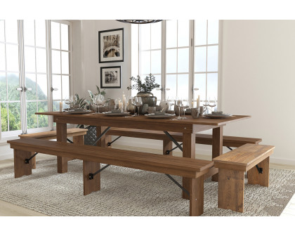 BLNK HERCULES Series Antique Rustic Folding Farm Table and Four Bench Set