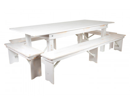 BLNK HERCULES Series Antique Rustic Folding Farm Table and Four Bench Set - White, 40"W x 8'L