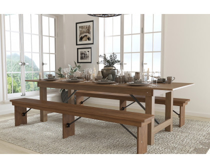 BLNK HERCULES Series Antique Rustic Folding Farm Table and Two Bench Set