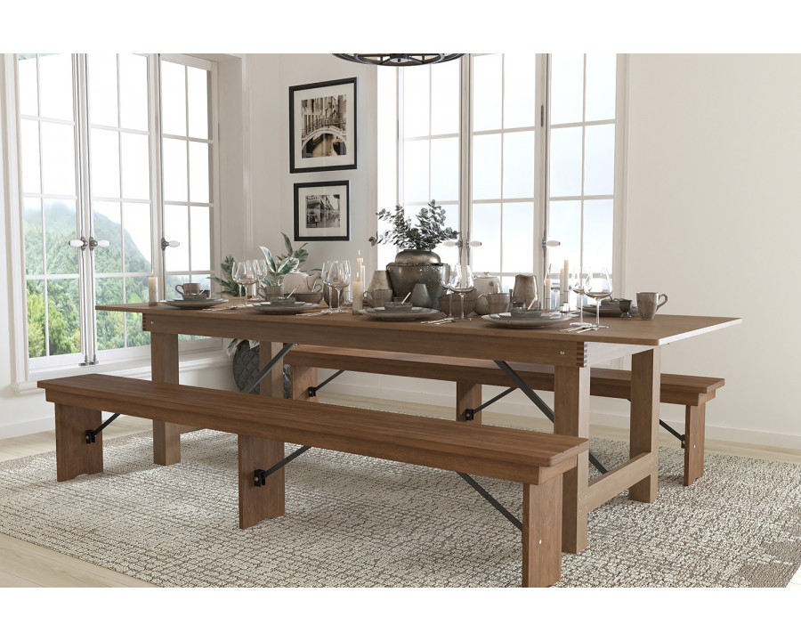 BLNK HERCULES Series Antique Rustic Folding Farm Table and Two Bench Set - Natural, 40"W x 9'L