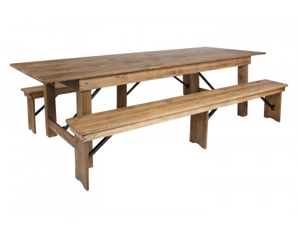 BLNK HERCULES Series Antique Rustic Folding Farm Table and Two Bench Set - Natural, 40"W x 9'L