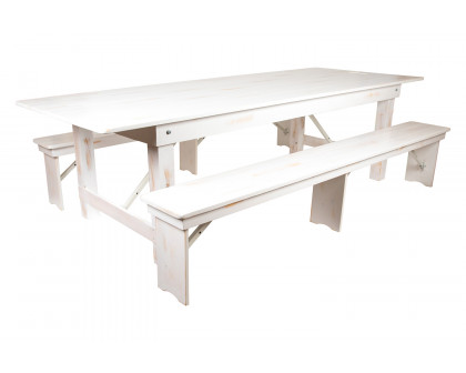 BLNK HERCULES Series Antique Rustic Folding Farm Table and Two Bench Set - White, 40"W x 9'L