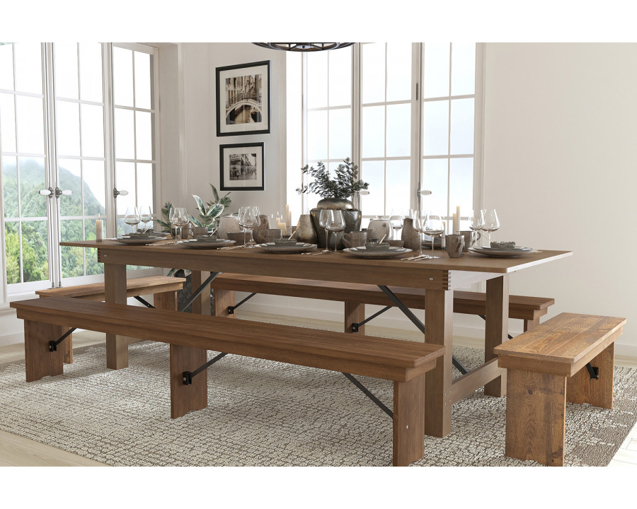 BLNK HERCULES Series Antique Rustic Folding Farm Table and Four Bench Set