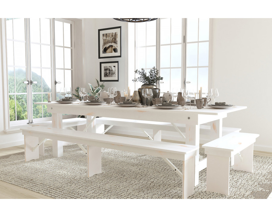 BLNK HERCULES Series Antique Rustic Folding Farm Table and Four Bench Set - White, 40"W x 9'L