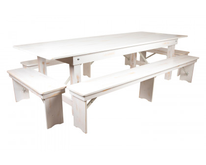 BLNK HERCULES Series Antique Rustic Folding Farm Table and Four Bench Set - White, 40"W x 9'L