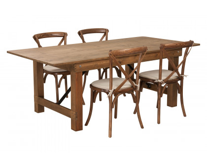 BLNK - HERCULES Series Antique Rustic Folding Farm Table Set with 4 Cross Back Chairs and Cushions