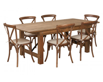 BLNK HERCULES Series Antique Rustic Folding Farm Table Set with 6 Cross Back Chairs and Cushions - Natural