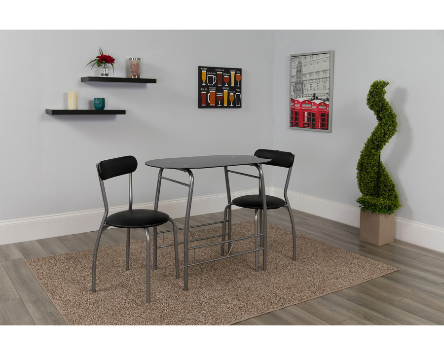 BLNK - Sutton Space-Saver Bistro Set with Black Glass Top Table and Black Vinyl Padded Chairs 3 Piece