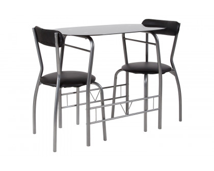 BLNK - Sutton Space-Saver Bistro Set with Black Glass Top Table and Black Vinyl Padded Chairs 3 Piece