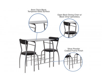 BLNK - Sutton Space-Saver Bistro Set with Black Glass Top Table and Black Vinyl Padded Chairs 3 Piece