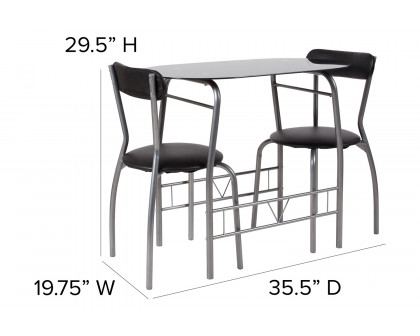 BLNK - Sutton Space-Saver Bistro Set with Black Glass Top Table and Black Vinyl Padded Chairs 3 Piece