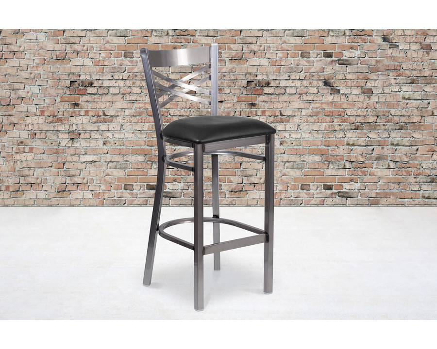 BLNK - HERCULES Series Clear Coated Metal "X" Back Restaurant Bar Stool with Vinyl Seat