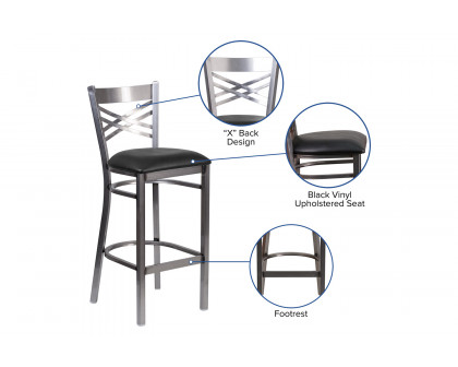 BLNK - HERCULES Series Clear Coated Metal "X" Back Restaurant Bar Stool with Vinyl Seat