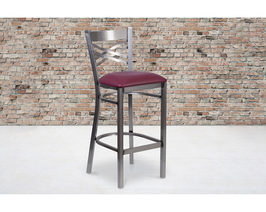 BLNK - HERCULES Series Clear Coated Metal "X" Back Restaurant Bar Stool with Burgundy Vinyl Seat