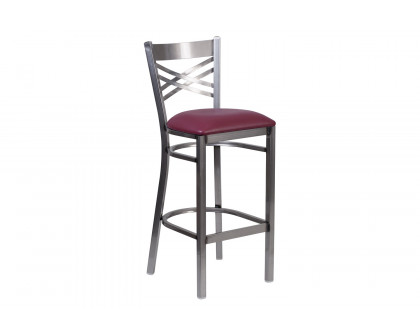 BLNK - HERCULES Series Clear Coated Metal "X" Back Restaurant Bar Stool with Burgundy Vinyl Seat