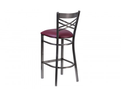 BLNK - HERCULES Series Clear Coated Metal "X" Back Restaurant Bar Stool with Burgundy Vinyl Seat