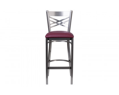 BLNK - HERCULES Series Clear Coated Metal "X" Back Restaurant Bar Stool with Burgundy Vinyl Seat