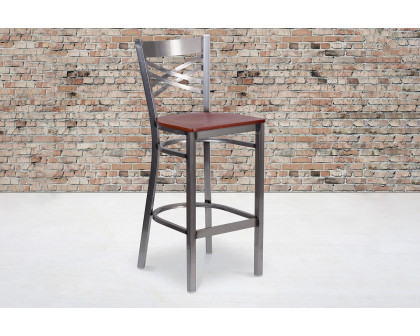 BLNK HERCULES Series Clear Coated Metal "X" Back Restaurant Bar Stool with Wood Seat