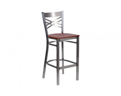 BLNK HERCULES Series Clear Coated Metal "X" Back Restaurant Bar Stool with Wood Seat - Cherry