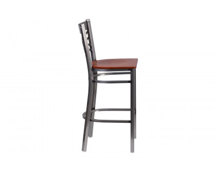 BLNK HERCULES Series Clear Coated Metal "X" Back Restaurant Bar Stool with Wood Seat - Cherry