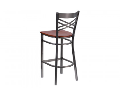 BLNK HERCULES Series Clear Coated Metal "X" Back Restaurant Bar Stool with Wood Seat - Cherry