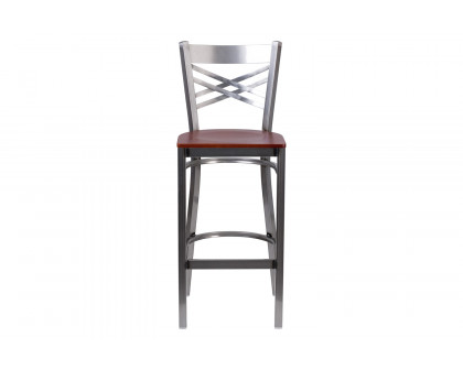 BLNK HERCULES Series Clear Coated Metal "X" Back Restaurant Bar Stool with Wood Seat - Cherry