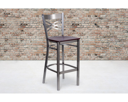 BLNK HERCULES Series Clear Coated Metal "X" Back Restaurant Bar Stool with Wood Seat