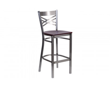 BLNK HERCULES Series Clear Coated Metal "X" Back Restaurant Bar Stool with Wood Seat - Mahogany