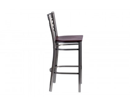 BLNK HERCULES Series Clear Coated Metal "X" Back Restaurant Bar Stool with Wood Seat - Mahogany