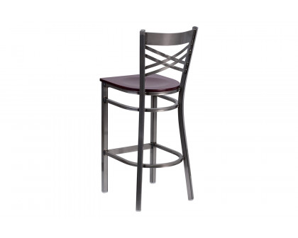 BLNK HERCULES Series Clear Coated Metal "X" Back Restaurant Bar Stool with Wood Seat - Mahogany