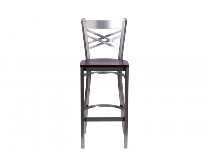 BLNK HERCULES Series Clear Coated Metal "X" Back Restaurant Bar Stool with Wood Seat - Mahogany