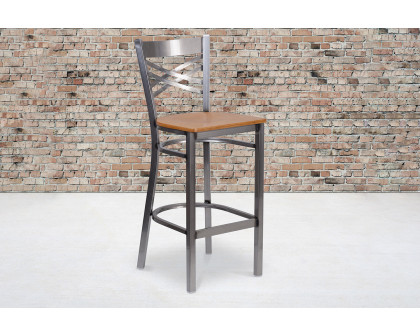 BLNK HERCULES Series Clear Coated Metal "X" Back Restaurant Bar Stool with Wood Seat