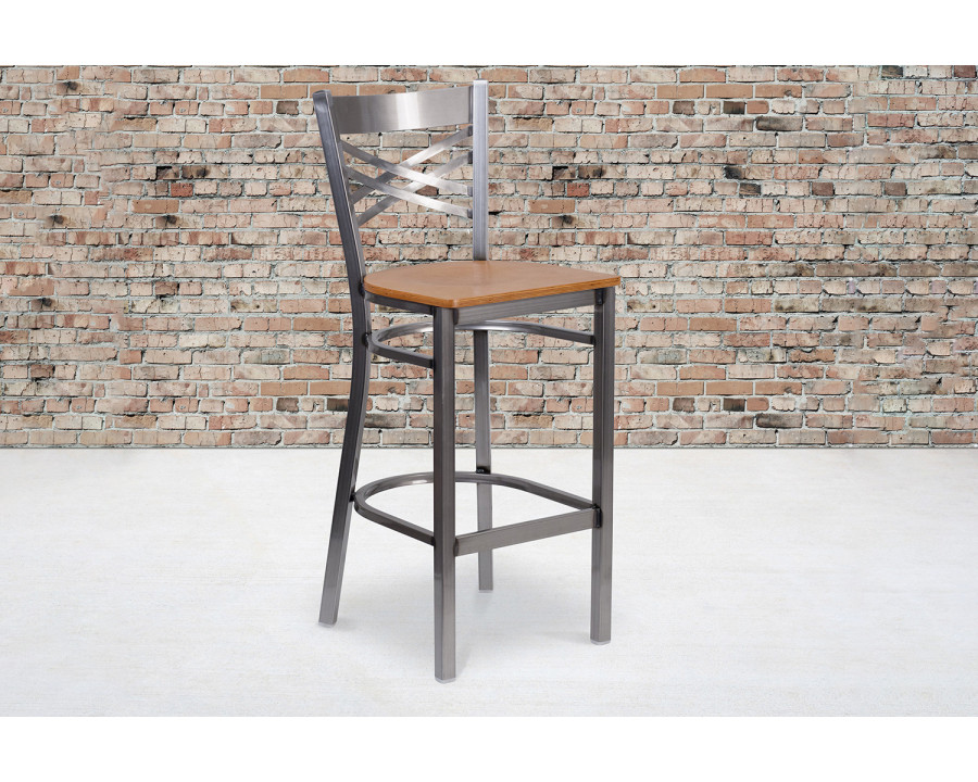 BLNK HERCULES Series Clear Coated Metal "X" Back Restaurant Bar Stool with Wood Seat - Natural