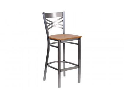 BLNK HERCULES Series Clear Coated Metal "X" Back Restaurant Bar Stool with Wood Seat - Natural