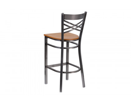 BLNK HERCULES Series Clear Coated Metal "X" Back Restaurant Bar Stool with Wood Seat - Natural