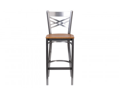 BLNK HERCULES Series Clear Coated Metal "X" Back Restaurant Bar Stool with Wood Seat - Natural