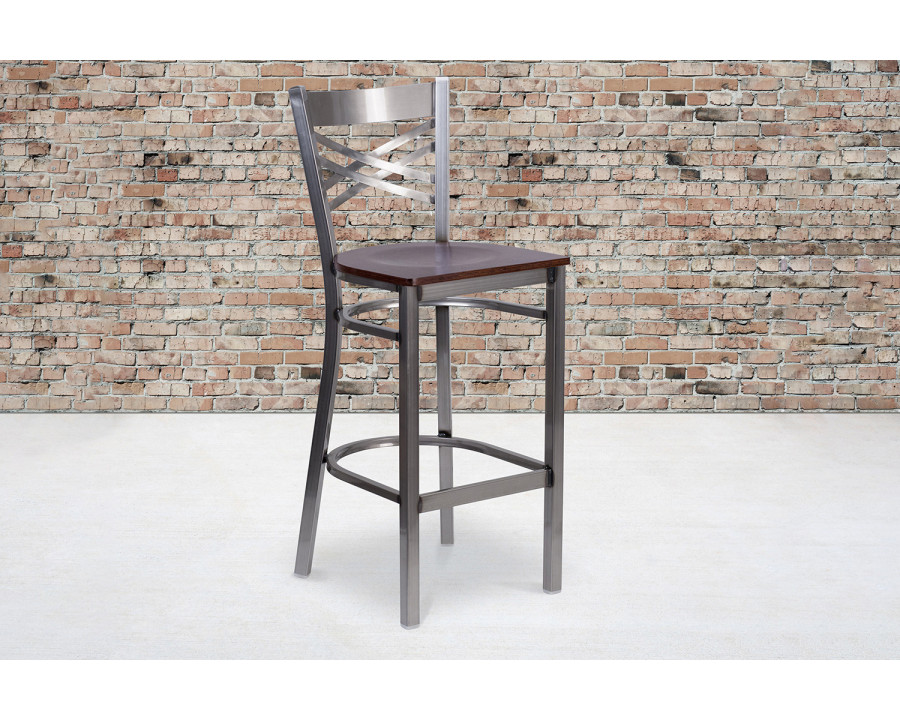 BLNK HERCULES Series Clear Coated Metal "X" Back Restaurant Bar Stool with Wood Seat