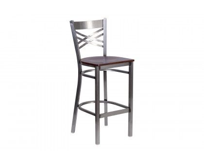 BLNK HERCULES Series Clear Coated Metal "X" Back Restaurant Bar Stool with Wood Seat