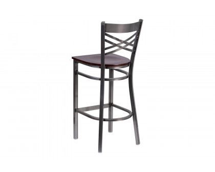 BLNK HERCULES Series Clear Coated Metal "X" Back Restaurant Bar Stool with Wood Seat - Walnut