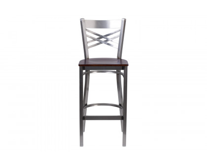 BLNK HERCULES Series Clear Coated Metal "X" Back Restaurant Bar Stool with Wood Seat - Walnut