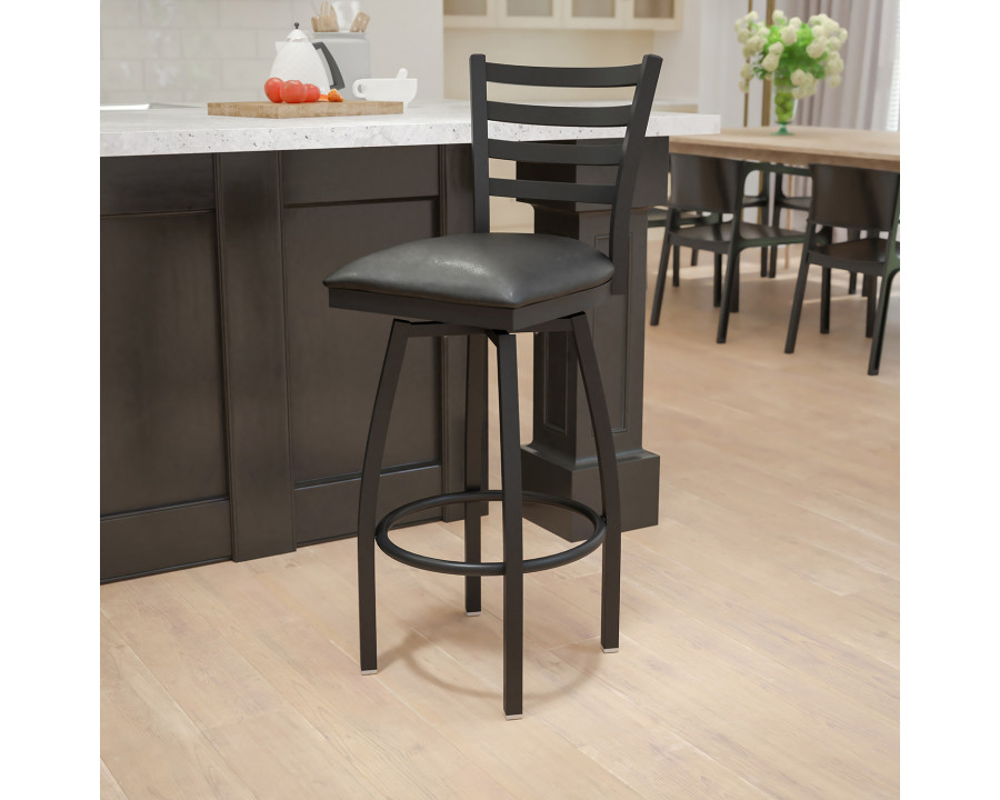 BLNK HERCULES Series Black Metal Ladder Back Swivel Bar Stool with Vinyl Seat