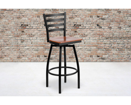 BLNK HERCULES Series Black Metal Ladder Back Swivel Bar Stool with Wood Seat