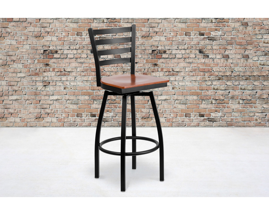 BLNK HERCULES Series Black Metal Ladder Back Swivel Bar Stool with Wood Seat - Cherry