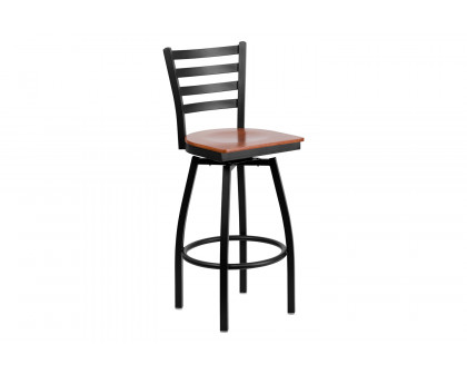 BLNK HERCULES Series Black Metal Ladder Back Swivel Bar Stool with Wood Seat - Cherry