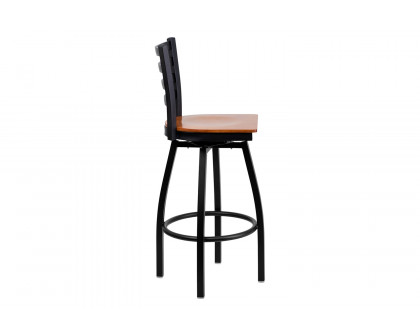 BLNK HERCULES Series Black Metal Ladder Back Swivel Bar Stool with Wood Seat - Cherry