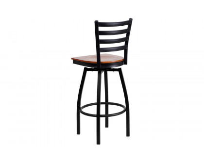 BLNK HERCULES Series Black Metal Ladder Back Swivel Bar Stool with Wood Seat - Cherry