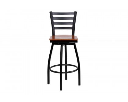 BLNK HERCULES Series Black Metal Ladder Back Swivel Bar Stool with Wood Seat - Cherry