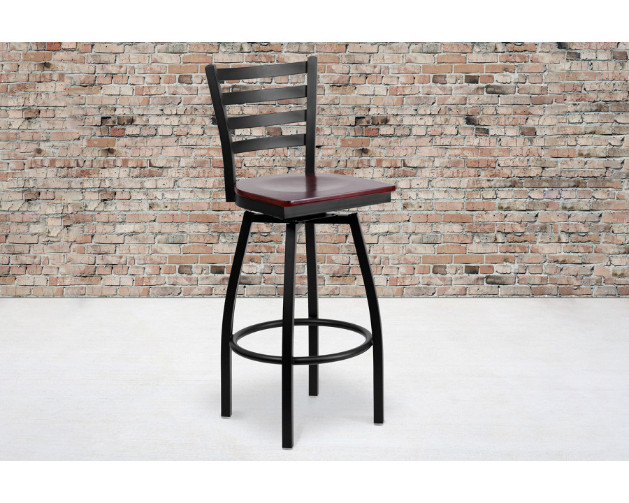 BLNK HERCULES Series Black Metal Ladder Back Swivel Bar Stool with Wood Seat