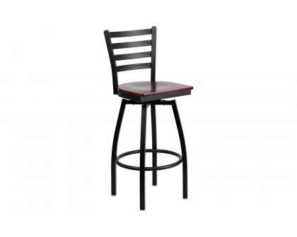 BLNK HERCULES Series Black Metal Ladder Back Swivel Bar Stool with Wood Seat