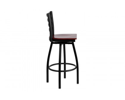 BLNK HERCULES Series Black Metal Ladder Back Swivel Bar Stool with Wood Seat - Mahogany